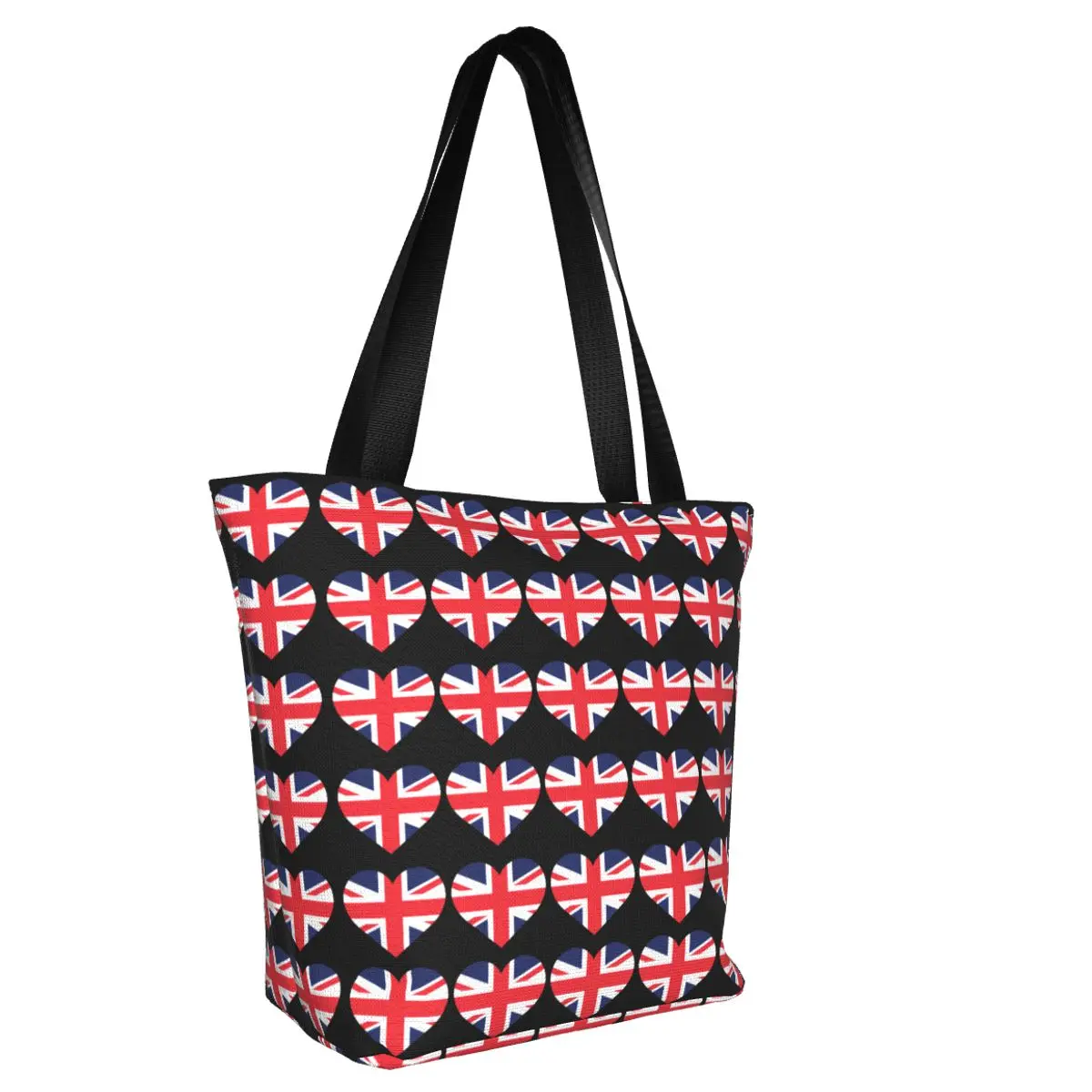 Custom Kawaii Love United Kingdom Hearts Flag Shopping Tote Bags Recycling Groceries Canvas Shoulder Shopper Bag