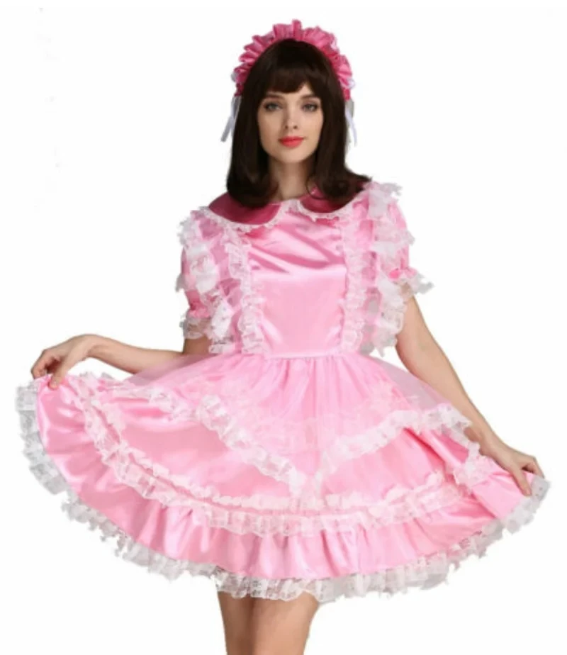 

Pink Smooth Thin Satin Cute Doll Neck Thin Yarn Skirt with White Lace Edge Short Dress Customized for Adult Sissy Dress