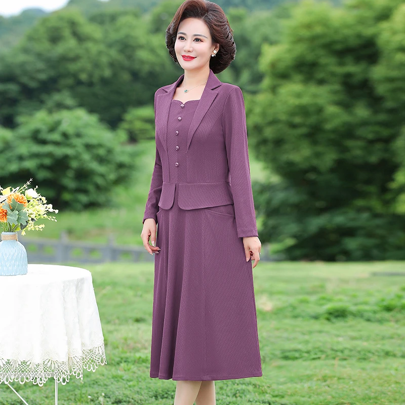 Women Autumn Dress Femme Fashion Solid Suit Collar Office Long Sleeve A-line Party Knee-length Women Vestido