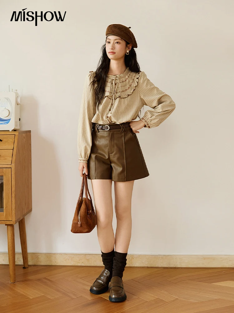 Mishow camisa listrada para mulher 2025 nova retro madeira borda da orelha em torno do pescoço bordado topo coreano roupas populares outono mxe46x2492