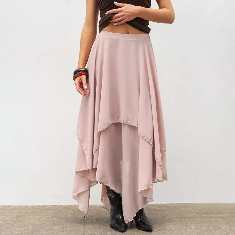 Tsiisd Elegant Tiered Ruffle Maxi Women's Skirt Irregular Sheer Romantic Fashion Commute Preppy Party Skirt Female Summer Skirts