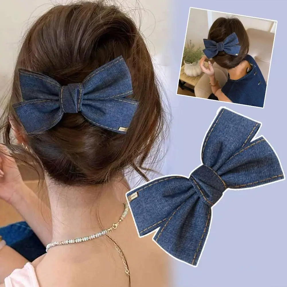 Korean Fashion Denim Blue Ribbon Bow Hair Clips for Woman Girls Sweet Elegant Hairpins Duckbill Clip Barrettes Banana Clip K6Q7