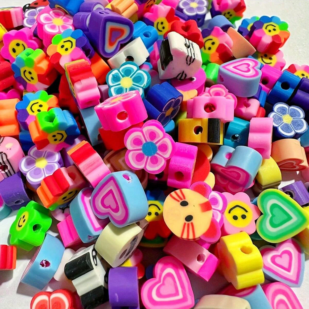 100/50pcs 9-11mm Random styles Vibrant Round Clay Beads - Assorted Animal, Heart & Flower Patterns for DIY  Making