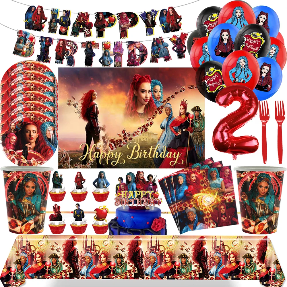 Disney Descendants The Rise of Red Birthday Party Decoration Dinnerware Cup Plate Tablecloth Banner Balloon for Kids Supplies