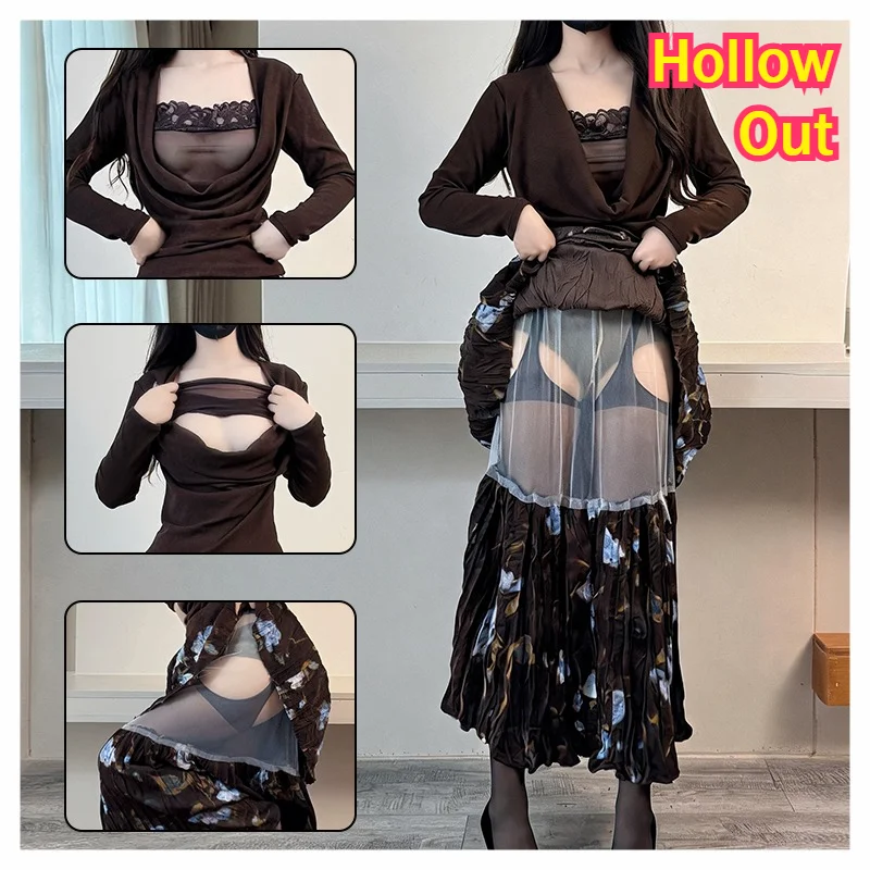 Women Sexy Hollow Out Take Off Easy Pleated Skirts Outdoor Exposure Couple Play Dress Lace Printing Bodycon See Through Clubwear