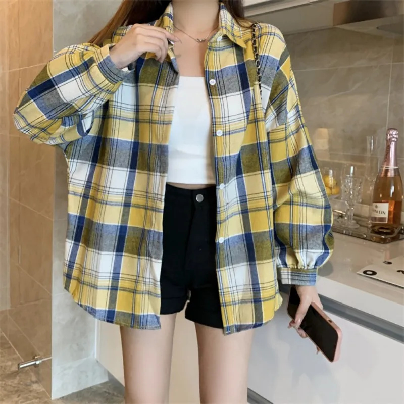 Plaid Shirt Women Summer Sun-proof Long Sleeve Basic Top Female Vintage Blouse Ladies Loose Daily Outwear Check Shirt