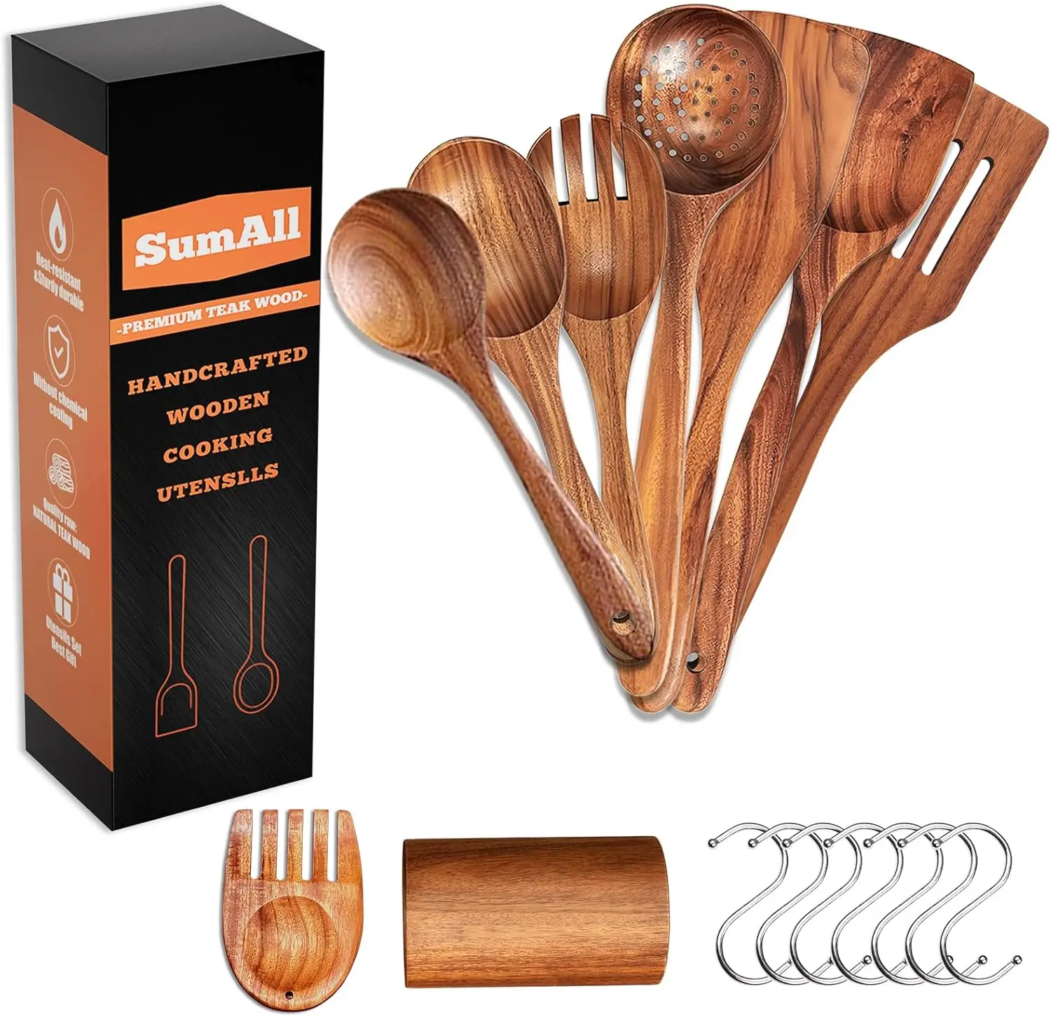 Juego de Utensilios de Cocina de Madera de Teca de 9 Piezas con Ganchos, Cucharas con Agarre Cómodo para Utensilios Antiadherentes, Herramientas de Cocina Fáciles de Limpiar