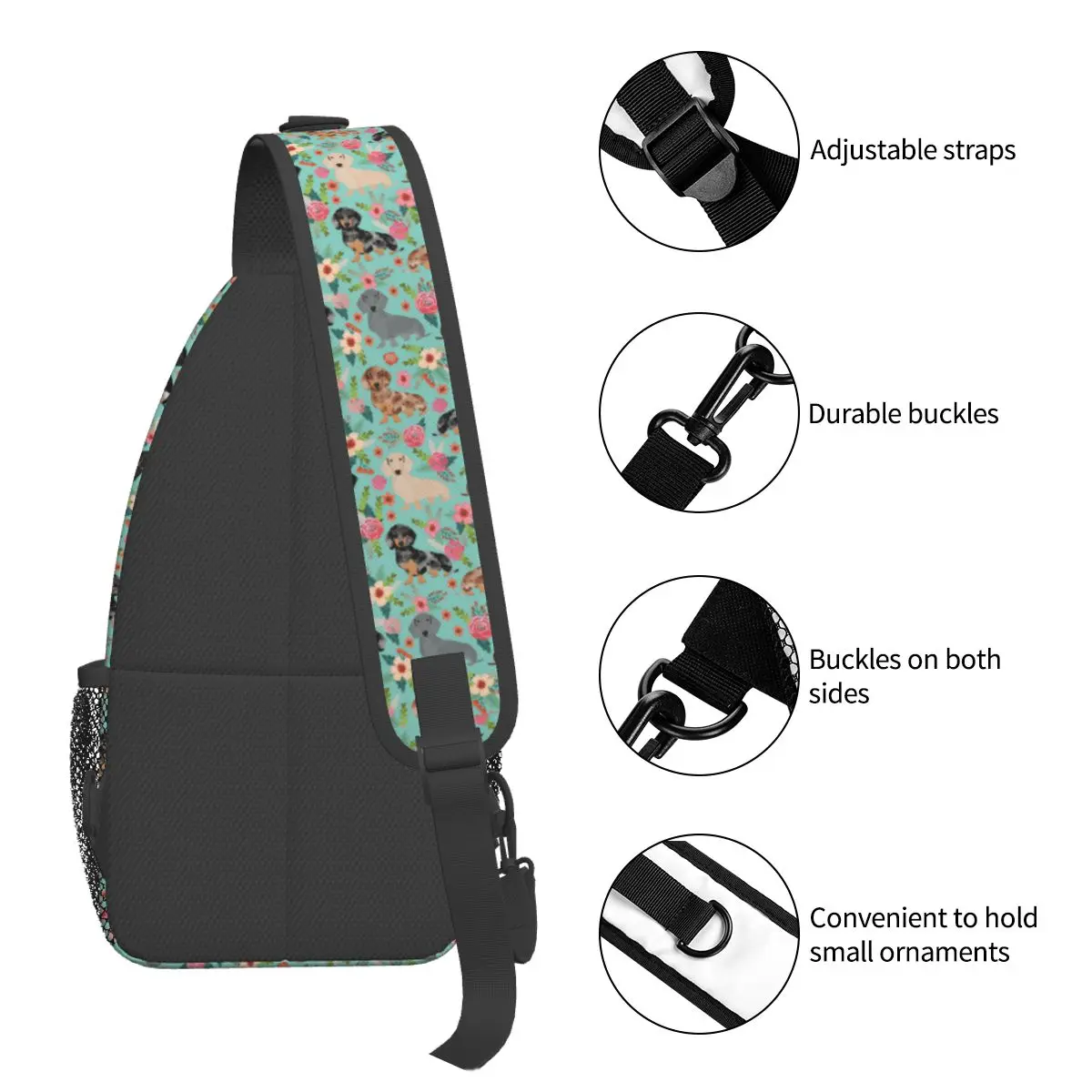 Teckel Bloemen Vintage Florals Hond Crossbody Sling Tassen Borst Zak Dier Schouder Rugzak Dagrugzak Reizen Wandelen Travel Pack