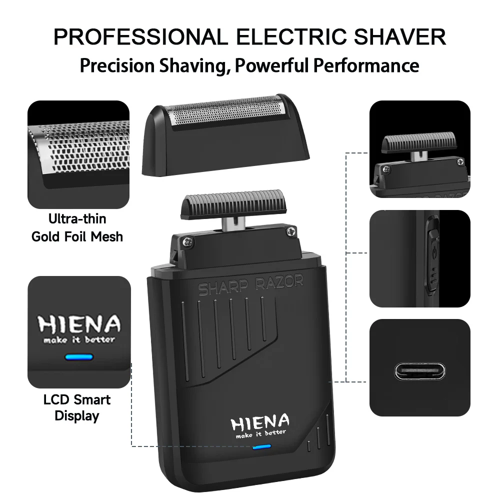 HIENA 4in1 Hair Clipper Barber Trimmer Foil Shaver Nose Trimmer Men Grooming Kit USB LCD Haircut Tools Cape Combs