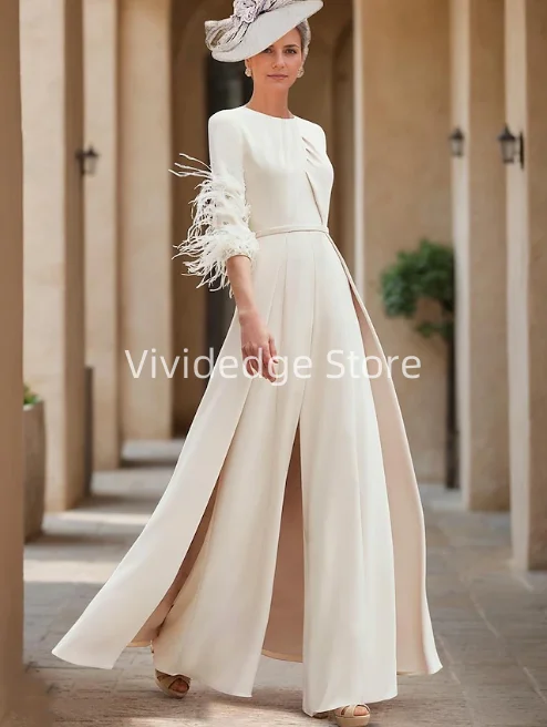 Customized  Jumpsuit Mother of the Bride Wedding Guest Dress Elegant Jeweled Neck Ankle Stretch Fabric Half Sleeve Feather