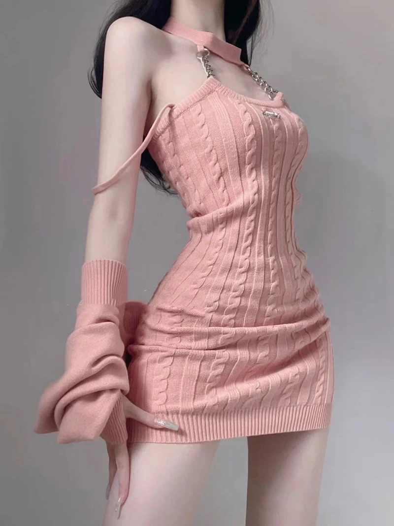 knitted Two Piece Sets Fashion Hot Girl Outfits For Women Suit Crop Top pink cardigan Female Mini Wrap knitted dresses Woman