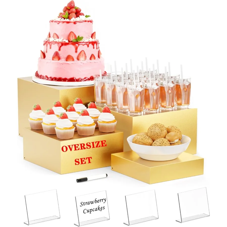 

Металлические стойки для шведского стола, 4 шт. ОВЕРСИРОВАННЫЕ стойки для еды для фуршетного стола, 8 дюймов X 9 дюймов, 10 дюймов X 11 дюймов, подставка для дисплея с мини-акриловыми вывесками для Cater