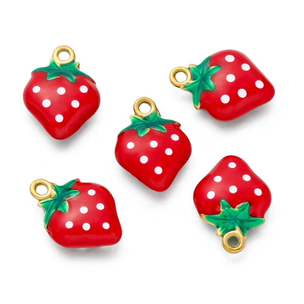 

5pcs Stainless Steel Enamel Strawberry Pendants Cute Fruit Charms for Diy Necklace Bracelet Earrings Jewelry Making Supplies