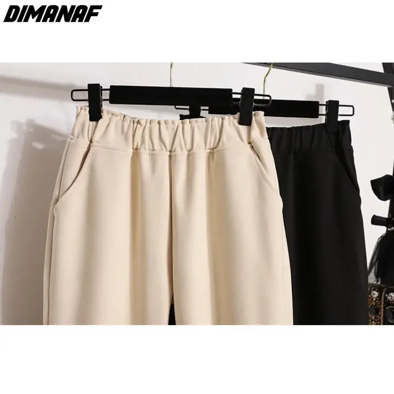 Dimanaf-Calça comprida de lã grossa de algodão feminina, solta, plus size, monocromática, nova, outono, inverno, 2022