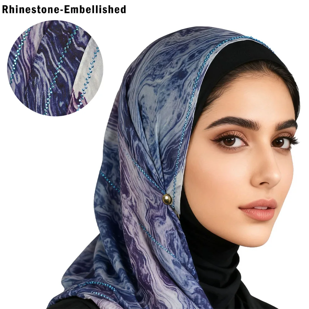 

Artistic Blue-Purple Watercolor Print Chiffon Scarf | Soft Touch with Edge Rhinestone Embellishment2616-2
