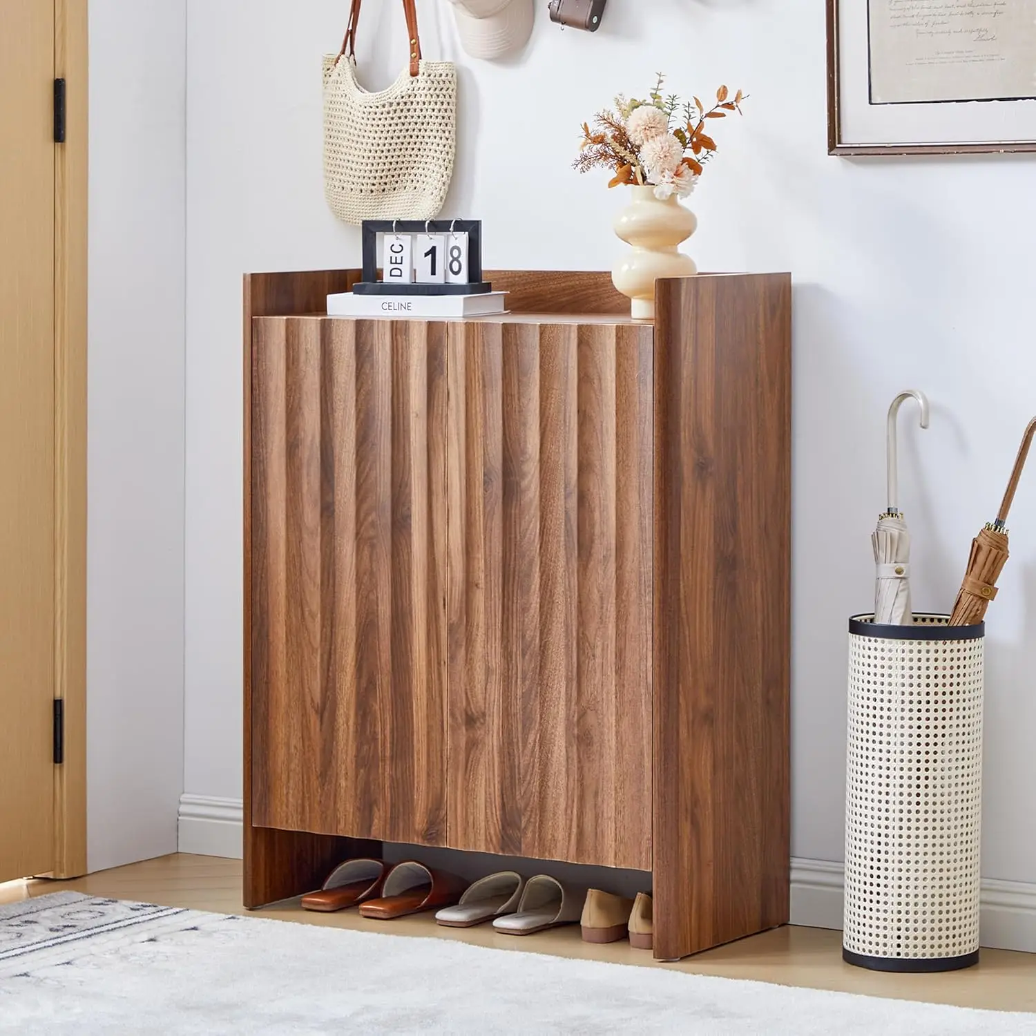 Fluted Shoe Cabinet, 5-Tier Shoe Storage Cabinet with Doors,Freestanding Hidden Shoe Cabinet Organizer, Narrow, Customized