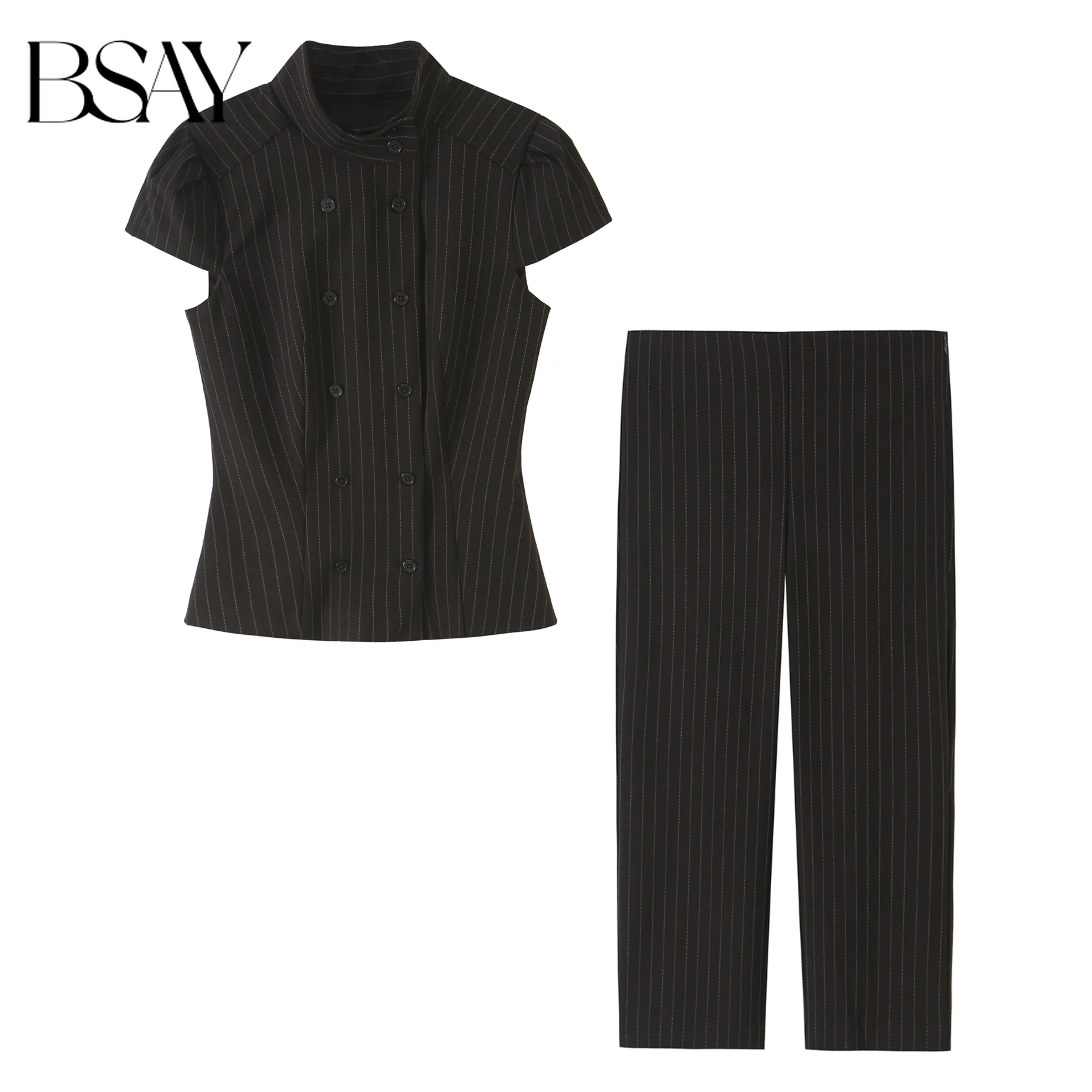 BSAY Retro Preppy Damen-Set mit gestreiftem Stehkragen, doppelreihigem Oberteil mit kurzen Ärmeln und gerader Hose für Büro- und Arbeitskleidung