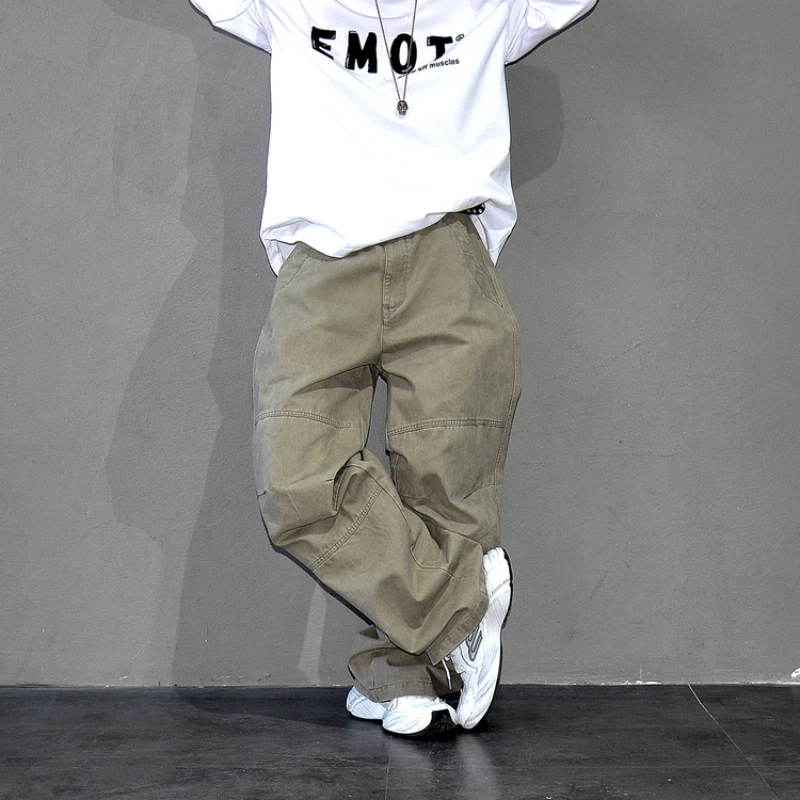 Premium American Streetwear Pure Cotton Cargo Pants Men Outdoor Loose Straight Casual Trendy Wide Leg Stacked Long Trousers Male