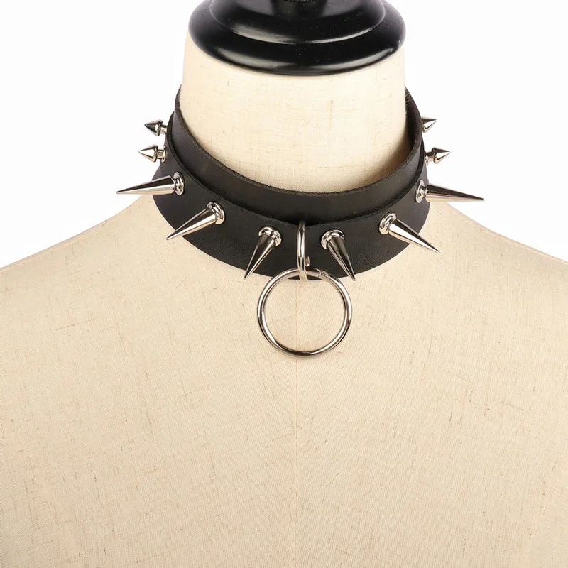 Punk Gothic Individuality Exaggerate Harajuku O-ring Choker Night club Saloon Street photo Rivet Spike Collarbone chain Pendant