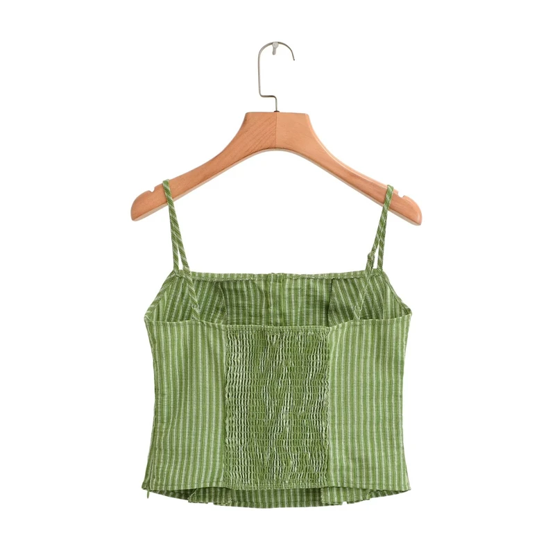 KEYANKETIAN 2026 Fresh Striped Cami Top Women Square Neck Decor Buttons Fake Pocket Back Smocked Sleeveless Cropped Camisole
