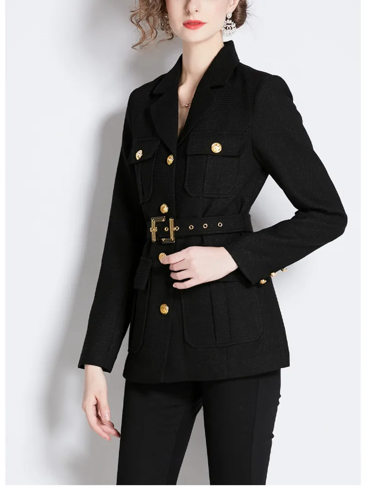 Autumn Winter Outerwear Fashion Checkered Vintage Golden Buttons Pocket Women\'s Collar Belted Blazers Jackets Tops French Style