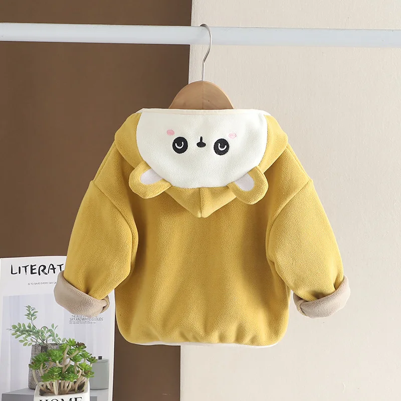 2026 Kids Winter Polar Fleece Hooded Jacket Cute Cartoon Bear Patch Zipper Coat Boys Girls Thick Warm Casual Outerwear 0-5 Years