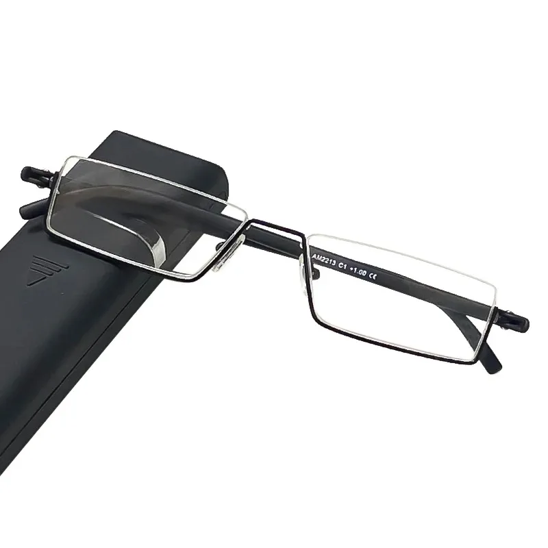 Anti-Blaulicht-Lesebrille für Herren, Retro-Metall-Halbrahmen, quadratische Presbyopie-Brille für Unternehmen, +125+175+225+275 – Detail 9