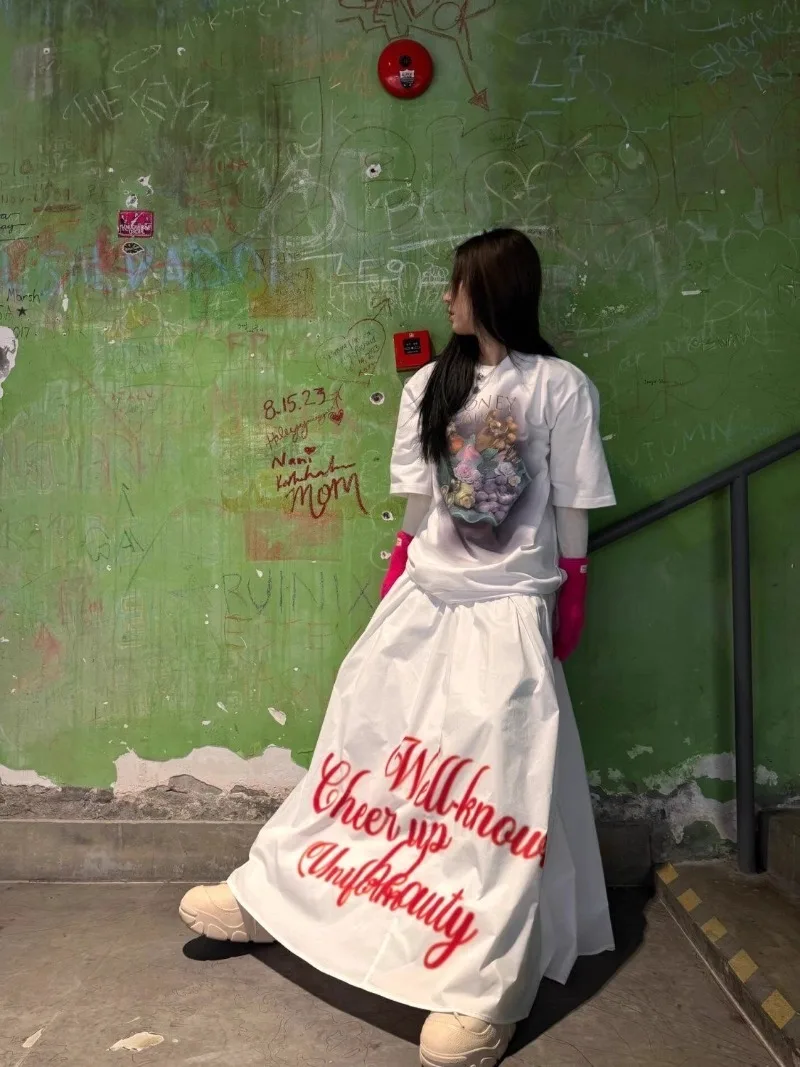 2025 New Subculture Y2k Millennial Babes Retro White Print A Line High Waist Loose Medium and Long Skirt For Women