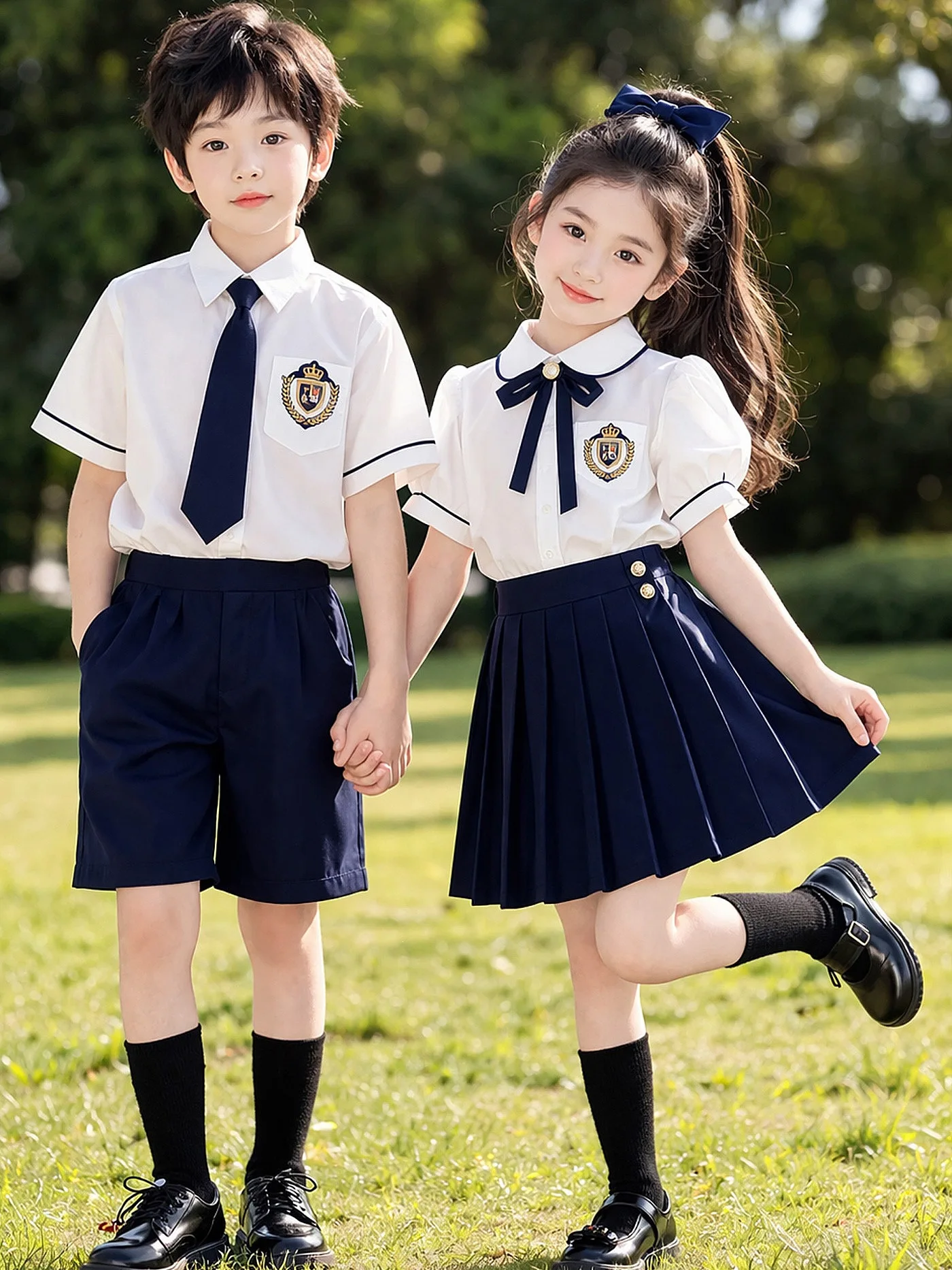 Summer Kids Choir Uniform Short Sleeve Shirt and Trousers Skirt Set Children Graduation Poem Recital Stage Performance Clothing