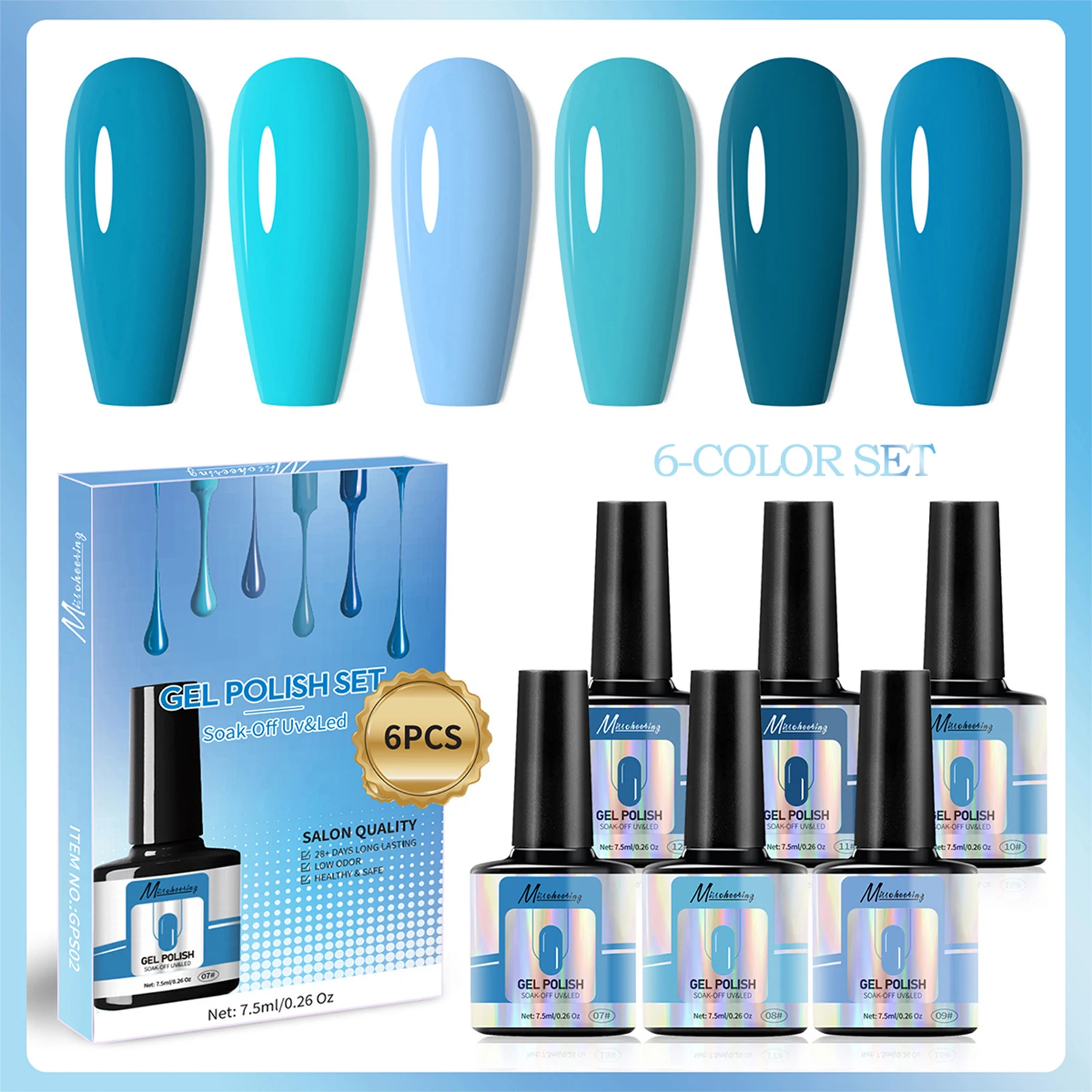 

6pcs/set Nail Gel Polish Gel Set Summer Glossy Blue Semi-permanent Soak-Off UV LED Gel For Naill Art Manicure Vernishes