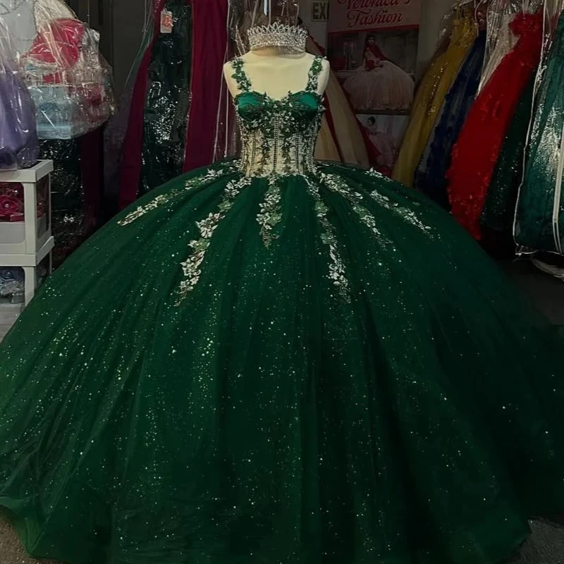 

Темно-зеленые блестящие платья Quinceanera с открытыми плечами и аппликацией из кружева и бусин, тюлевой корсет для вечеринки, дня рождения, милое платье 16, Vestidos 15