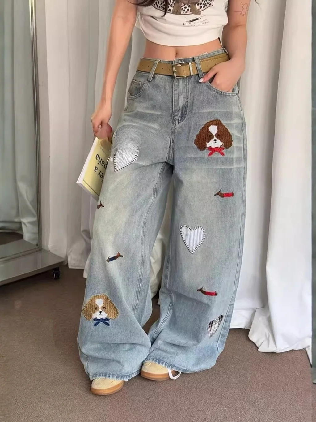 

Весна 2026: Повседневные джинсы с высокой талией и широкими штанинами, с мультяшной вышивкой, свободные, удлиненные, с эффектом похудения, синие, из денима, женские, модные