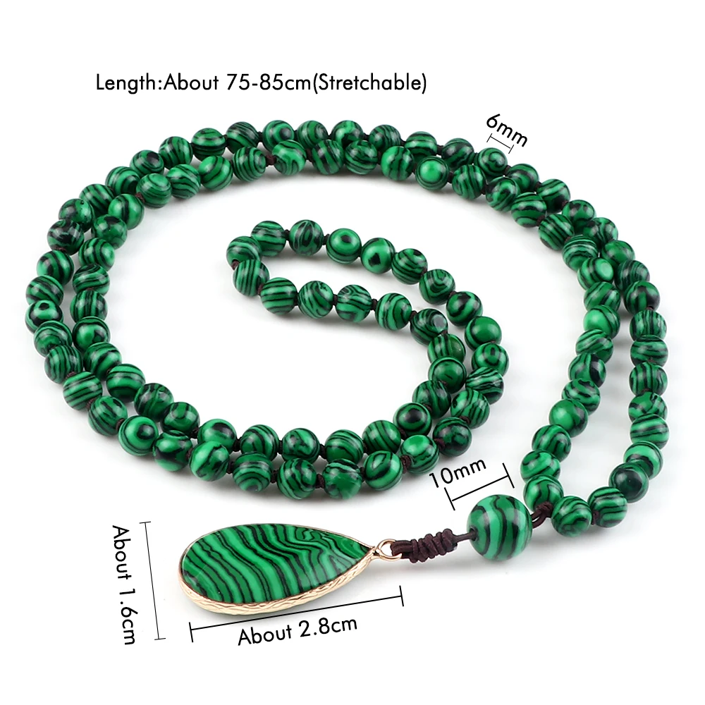 108 Mala Beads Necklaces Fashion Stone Drop Pendant Green Malachite Handmade Knotted Necklace for Women Men Prayer Neck Jewelry