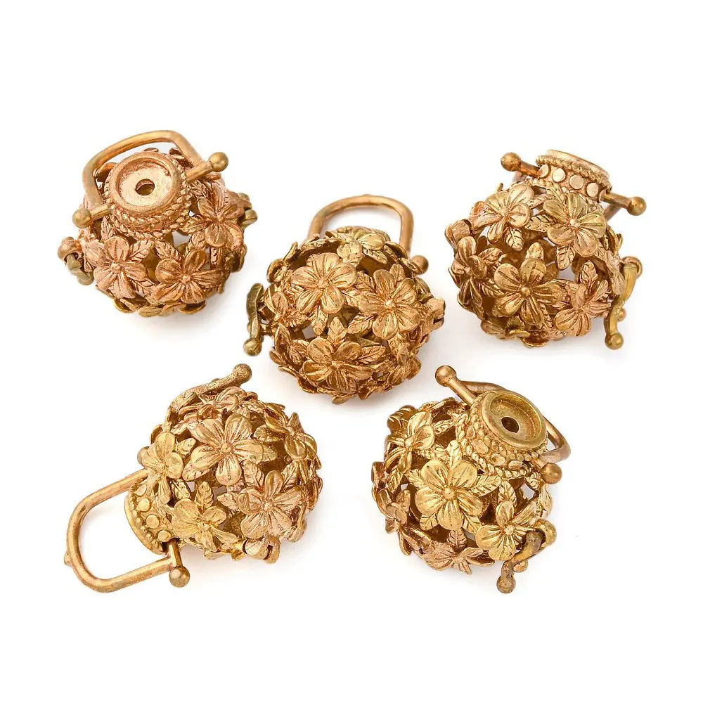 Brass Hollow Cage Pendants Round with Flower Raw(Unplated) 23x23x20mm Hole: 7x10mm inner size: 12mm
