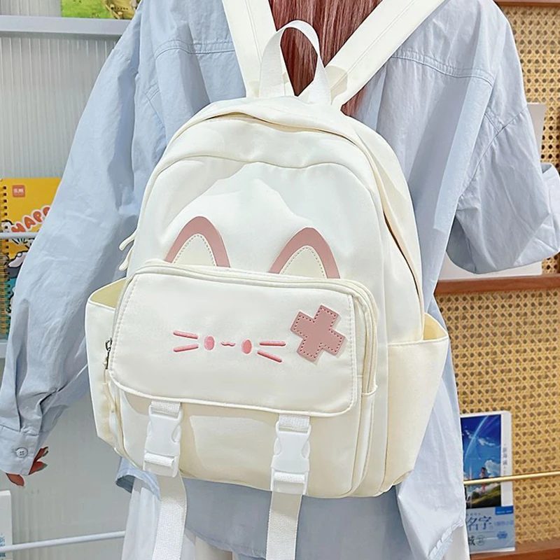 Richme Casual Nylon Backpacks Women 2025 Kawaii Cat Students Commute Mochilas Para Mujer Daily Outgoing Pockets Bag Female