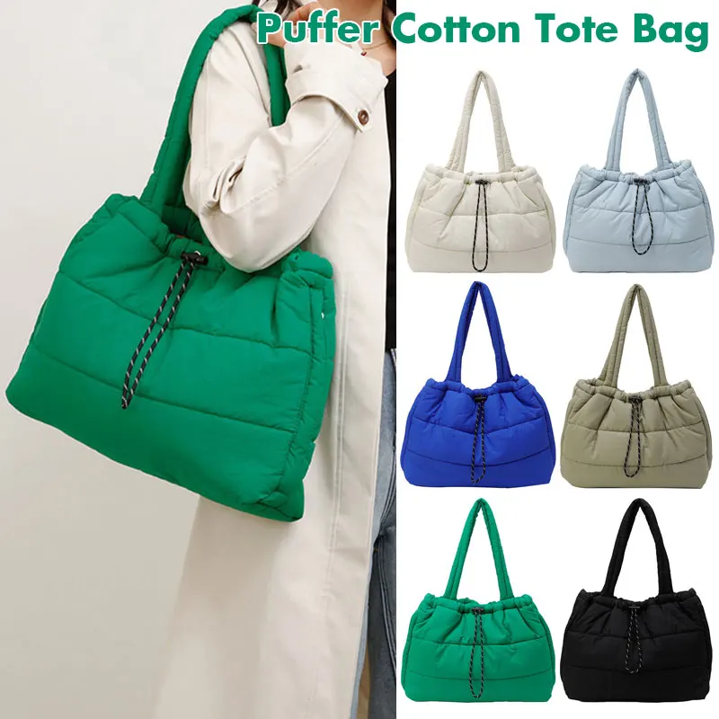 

Korean Fashion Puffy Cotton Handbag Women's Winter New Style Versatile Crossbody Bag Simple Handbag Soft Zipper Polyester Lining