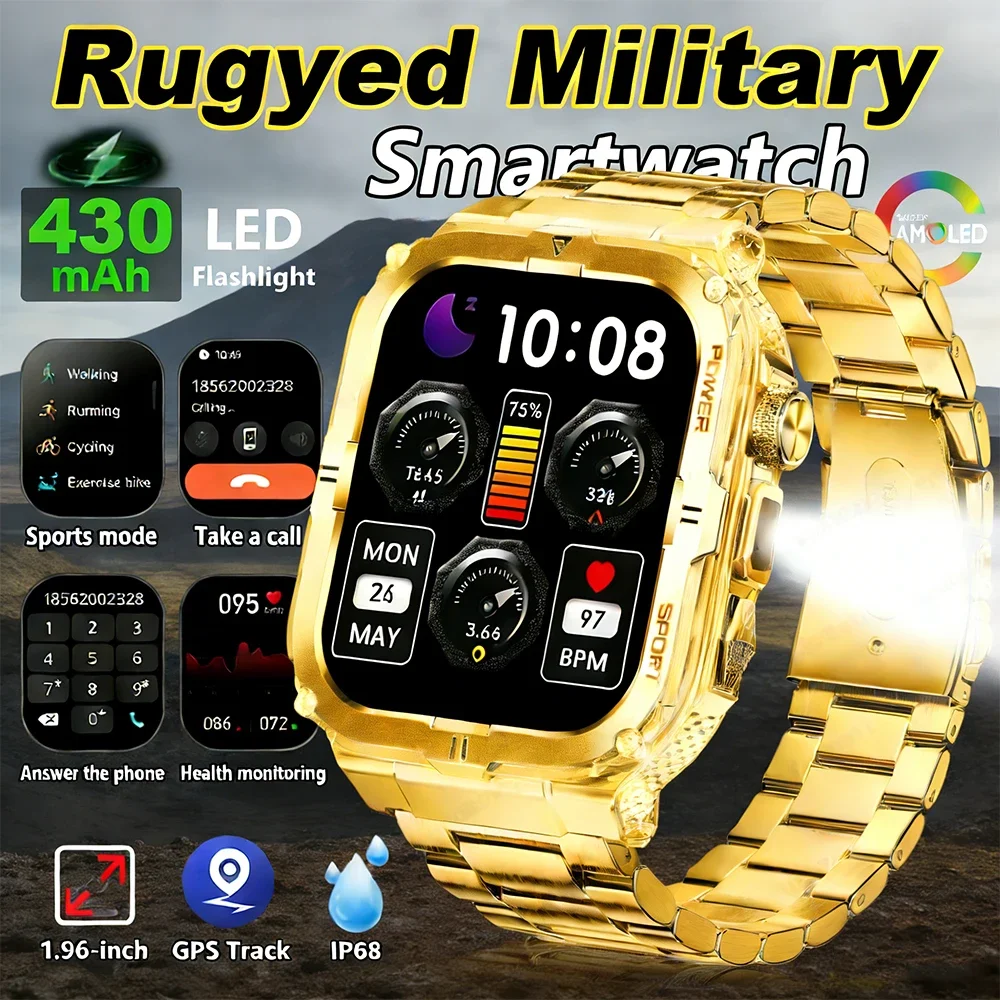 

2026 New Men's Military Smart Watch GPS Tracker 1.96Inch AMOLED Heart Rate Monitor IP68Waterproof for Android IOS Sports Watches