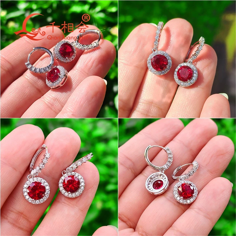 6.5mm 1ct halo round shape lab grown ruby and sapphire stone S925 silver  ear stud Earring gift dating women wedding