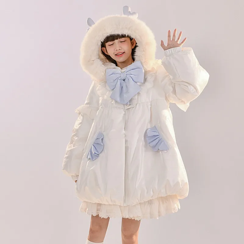 Autumn Winter Warm Lolita Jacket Blue And White Girly Ruffle Down Jacket Sweet Princess Hooded Outwear