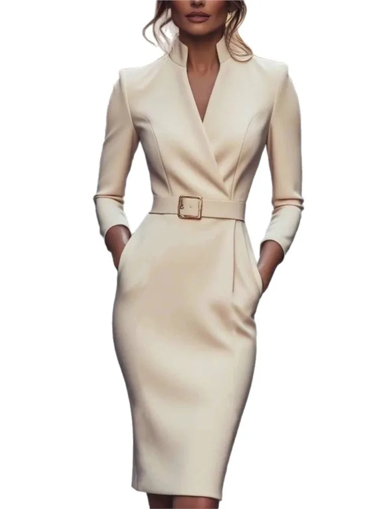 Elegant Party Prom Dress For Woman Spring Autumn Fashion V-neck High Waist Long Sleeves Mid-length Dresses Ladies Solid Vestidos