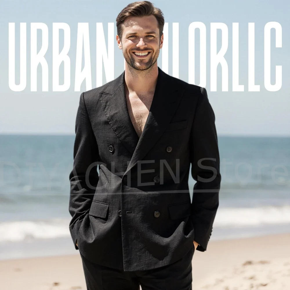 طقم بدلة كتان للرجال موضة مزدوجة الصدر ذروة طية صدر السترة ملابس رسمية لحفلات الزفاف والأعمال بدلة رجالية غير رسمية قطعتين