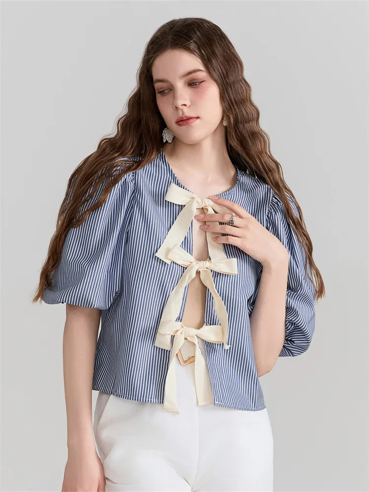 Women's Summer Y2K Babydoll Tops Stripe Print Puff Sleeve Round Neck Bow Tie-Up Front Loose Shirt Loose Blouse Streetwear