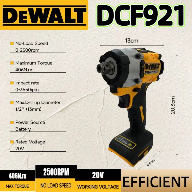 DEWALT DCF921 ATOMICO 20V MAX 1/2 pol. Chave de impacto sem fio - velocidade variável, ferramenta nua para Pro - desempenho de grau poderoso