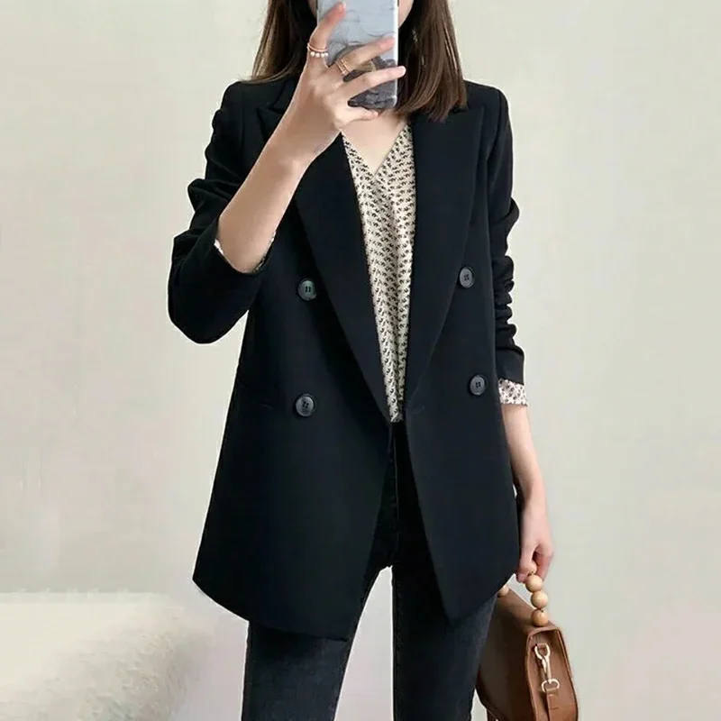 

Autumn Black Blazers for Women Fashion Korean Double Breasted Office Ladies Outerwear Y2K Loose Streetwear Turndown Collar Coats