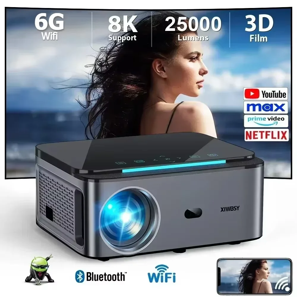 Proyector Android 8K XIWBSY, 25000 Lúmenes, Wifi6, Full HD 1080P, Proyector 3D, Cine en Casa Inteligente, Proyector para Exteriores