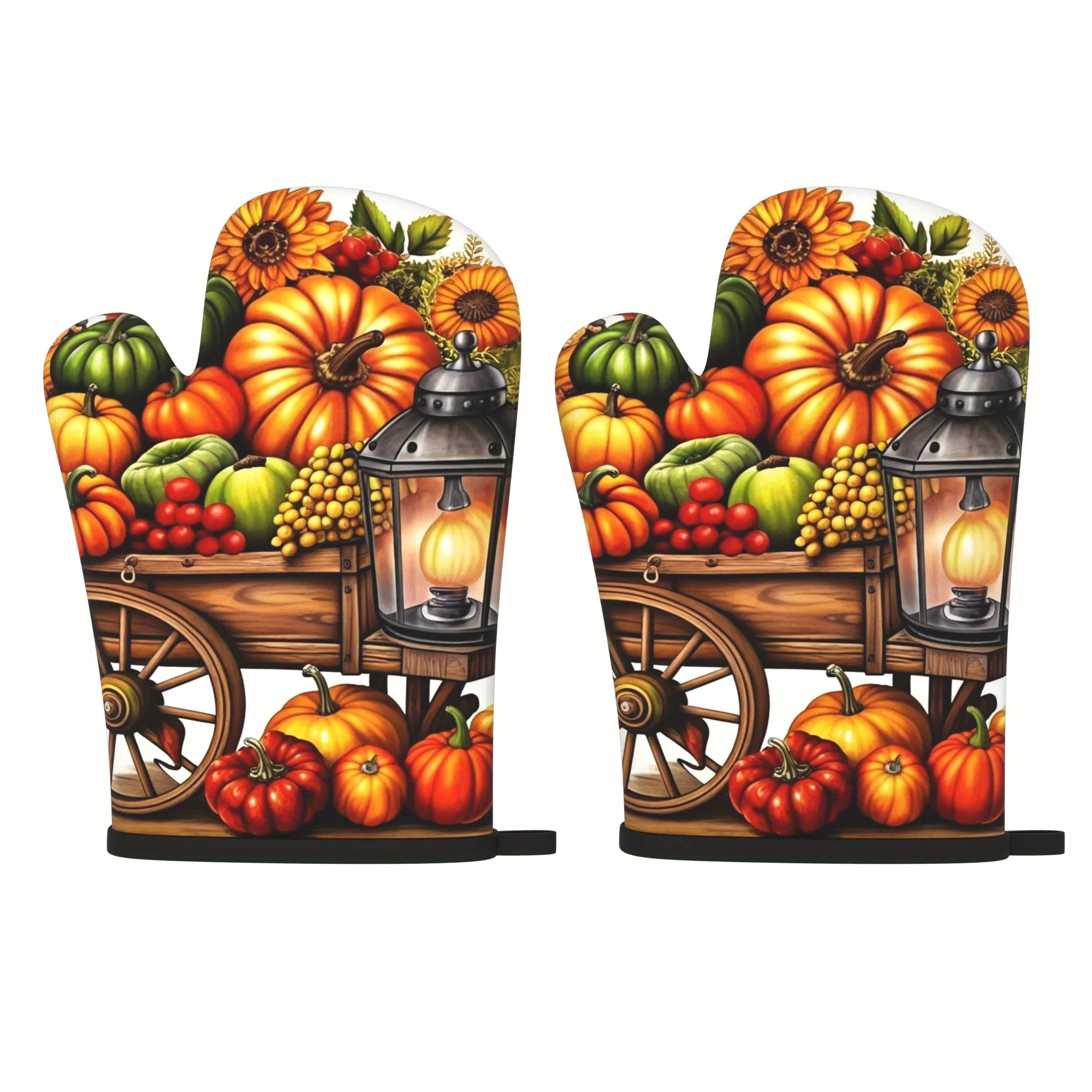 

2pcs Heat-Resistant Oven Mitts Pot Holders Autumn Pumpkin Cart Design with Vibrant Fall Fruits 10.6x6.7 Inch Durable