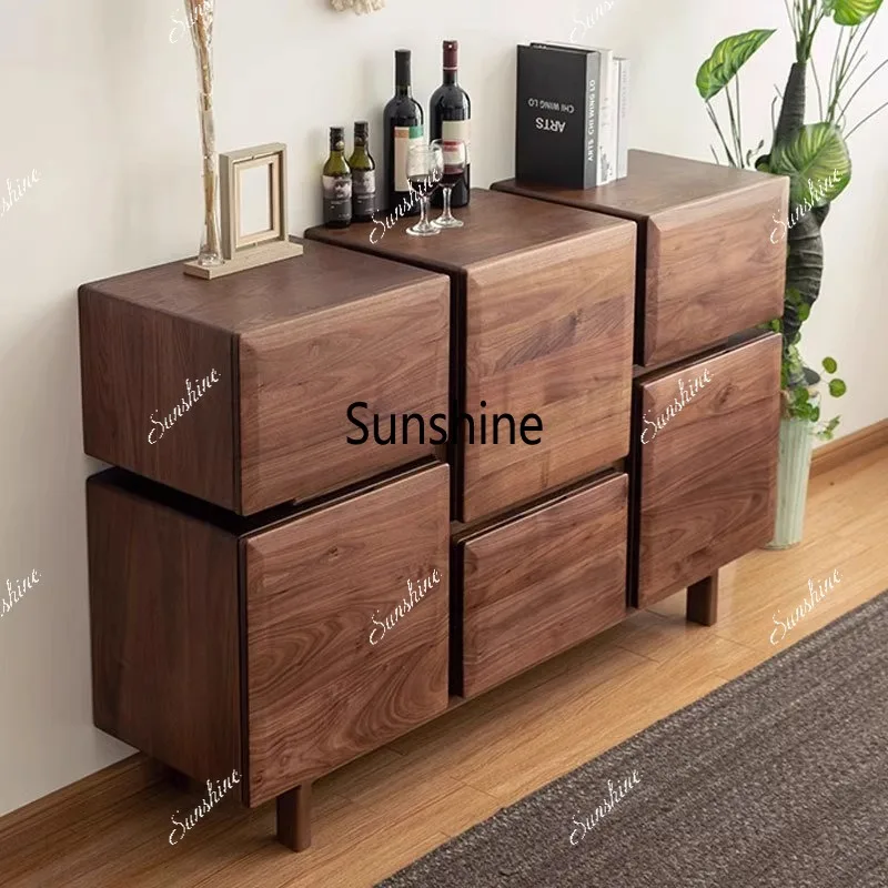 Nordic storage cabinet, modern light luxury  Solid wood dining side cabinet, North American black walnut six-pump storage