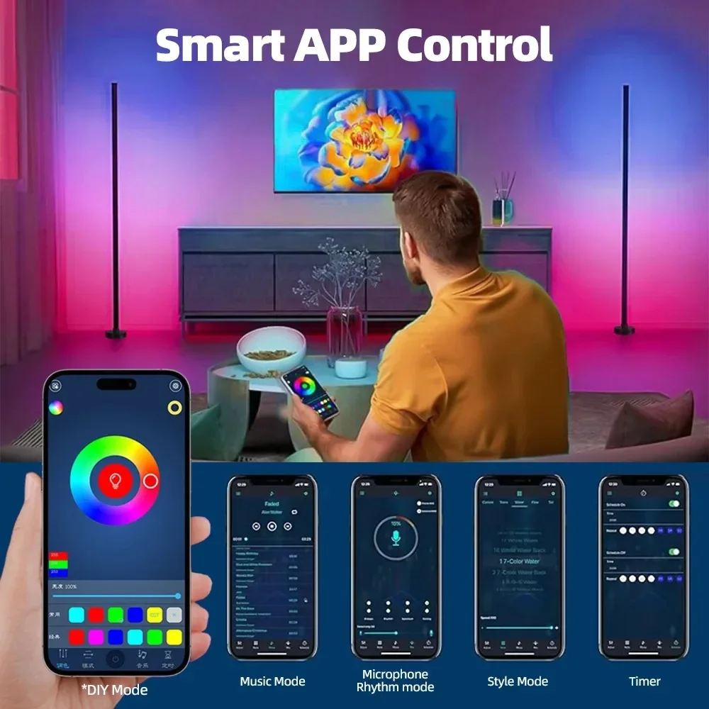 RGBIC LED Zemin Ayakta Lamba Atmosfer Işıkları APP Kontrolü Müzik Sync Köşe Aydınlatma Yatak Odası Oturma Odası Arka Plan Işığı