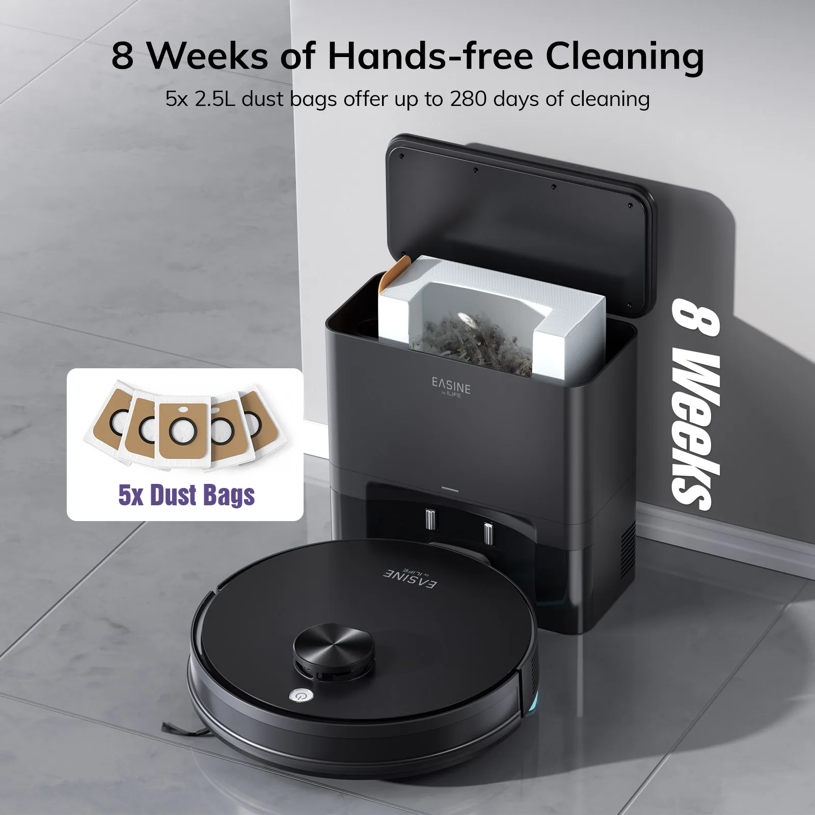 EASINE BY ILIFE S20 5000Pa شفط، مجموعة مكنسة كهربائية وممسحة روبوتية، تفريغ ذاتي، سعة 60 يومًا، تطبيق/عن بعد، تشغيل 180 دقيقة #3