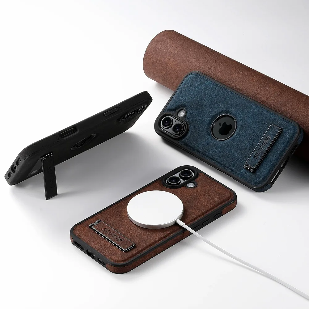 

Back Telescopic Stand Solid Color Leather Phone Case for iPhone Air 17 16 15 14Plus 13 12 Pro Max With Support Magnetic Charging